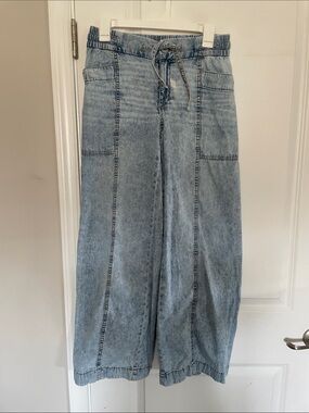 100% Cotton Light Acid Wash Wide Leg Drawstring Denim Pants